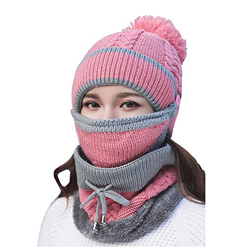 Kaxich Damen Wintermütze und Schal Set mit Maske, 3 in 1 Strickmütze Winter Warme Beanie Mütze mit Bommel und Gestrickt Schal, Geschenk für Weihnachten von Kaxich