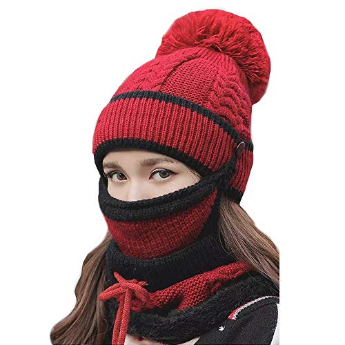 Kaxich Damen Wintermütze und Schal Set mit Maske, 3 in 1 Strickmütze Winter Warme Beanie Mütze mit Bommel und Gestrickt Schal, Geschenk für Weihnachten von Kaxich