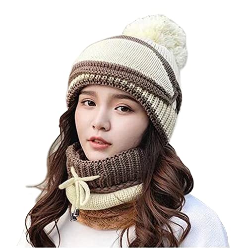 Kaxich Damen Wintermütze und Schal Set mit Maske, 3 in 1 Strickmütze Winter Warme Beanie Mütze mit Bommel und Gestrickt Schal, Geschenk für Weihnachten von Kaxich