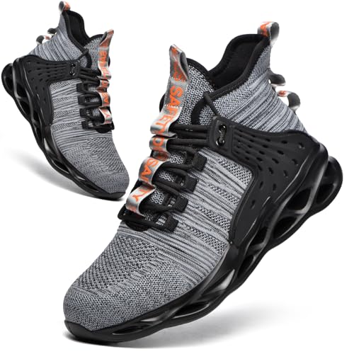 Kaximd Stahlkappenschuhe für Herren und Damen, leichte Stahlkappe, Sneaker, mittelgeschnitten, unzerstörbar, Arbeitsstiefel, Bau-Sicherheitsschuhe, GRAU, 8 Women/6 Men von Kaximd