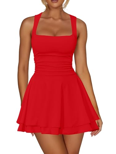 Kaximil Damen-Minikleid mit quadratischem Ausschnitt, Rüschensaum, gerüschte Taille, kurze Partykleider, Rot/Ausflug, einfarbig (Getaway Solids), Klein von Kaximil