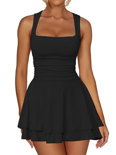Kaximil Damen-Minikleid mit quadratischem Ausschnitt, Rüschensaum, gerüschte Taille, kurze Partykleider, Schwarz, Klein von Kaximil