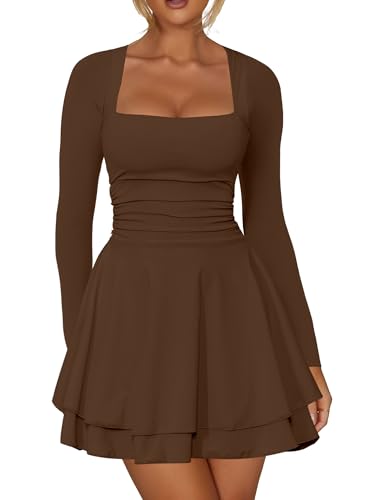 Kaximil Damen-Minikleid mit quadratischem Ausschnitt, Rüschensaum, gerüschte Taille, lange Ärmel, Korsett, kurze Partykleider, Kaffee, Klein Kaximil Damen-Minikleid mit quadratischem Ausschnitt, Rüschensaum, gerüschte Taille, lange Ärmel, Korsett, kurze Partykleider, Kaffee, Klein von Kaximil
