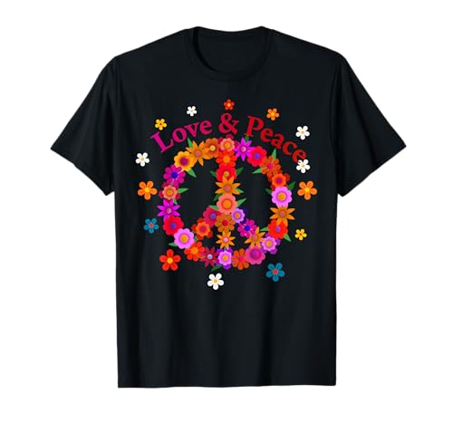 Kay79P Love Peace 60er 70er Jahre Hippie-Kostüm T-Shirt für Männer, Frauen, Kinder - Unisex, Schwarz und Bunt, Kurzarm, Klassische Passform, Pull-On, U-Ausschnitt, Medium, Sommer, 1 Count Kay79P Love Peace 60er 70er Jahre Hippie-Kostüm T-Shirt für Männer, Frauen, Kinder - Unisex, Schwarz und Bunt, Kurzarm, Klassische Passform, Pull-On, U-Ausschnitt, Medium, Sommer, 1 Count von Kay79P