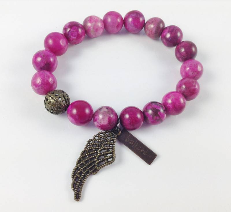 Achat Lila/Pink Stretch Glauben Armband, Angel Wing Bracelet von KayKaysDesigns
