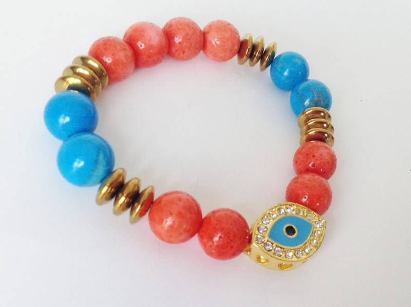 Auge Türkis Und Koralle Stretch Perlen Armband, Schutz von KayKaysDesigns
