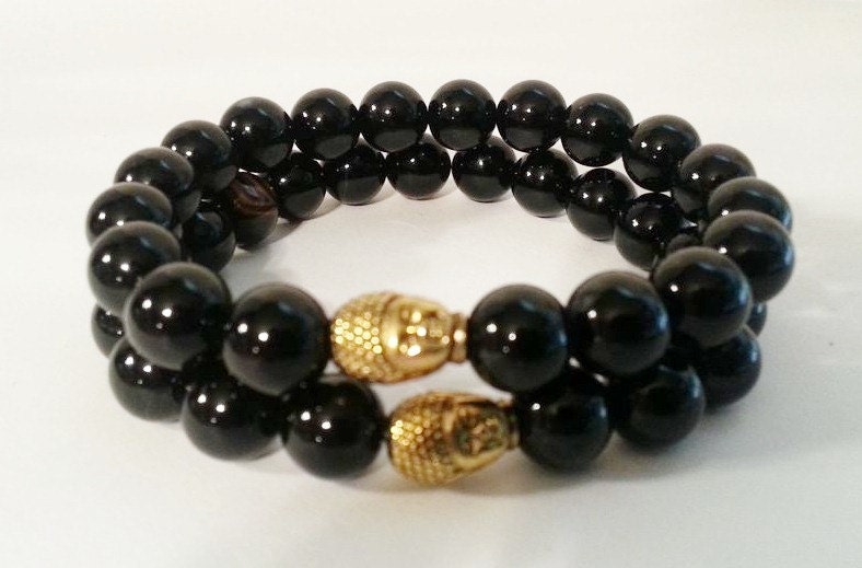 Herren Buddha Kopf Schwarz Onyx Stretch Perlen Armband von KayKaysDesigns