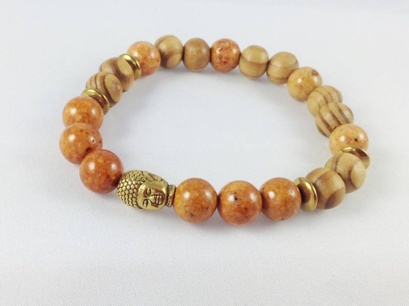 Holz Und Tan Fossil Herren Buddhas Stretch Perlen Armband, Yoga Armband von KayKaysDesigns
