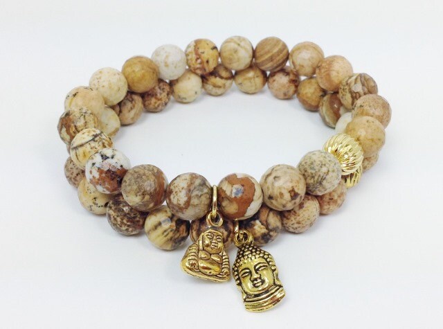 Jasper Perlen Stretch Armband Mit Gold Buddha Kopf Yoga Mala von KayKaysDesigns