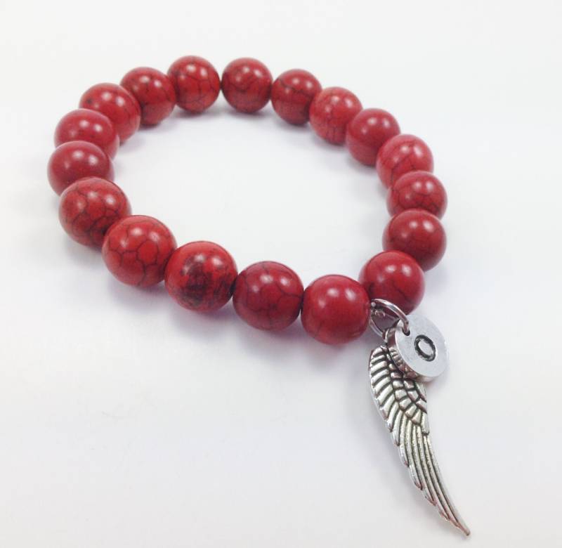Rot Türkis Angel Wing Mit Initial Perlen Stretch Armband von KayKaysDesigns