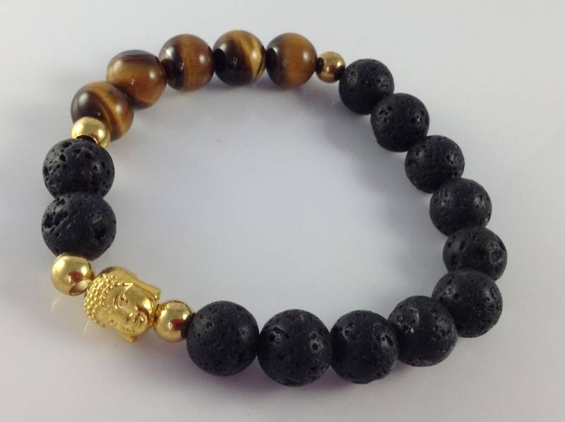 Tiger Eye Und Lava Rock Stretch Perlen Buddha Armband, Yoga-Armband von KayKaysDesigns