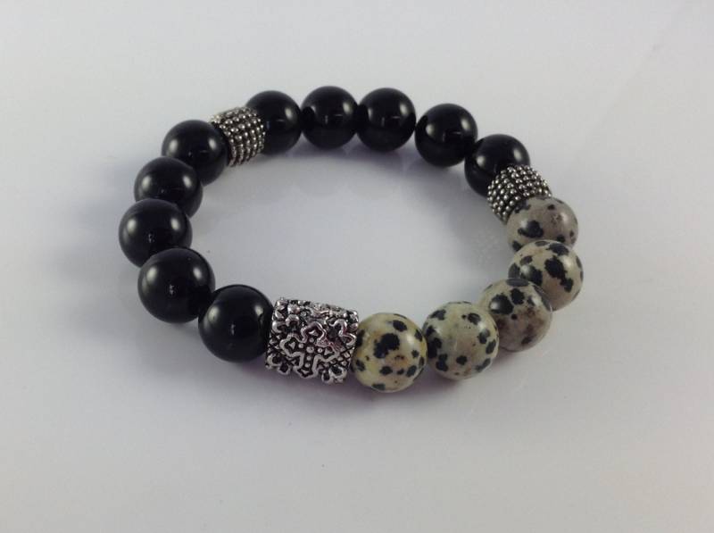 Überqueren Der Herren Armband Dalmatiner Jasper Und Onyx Stretch Perlen von KayKaysDesigns