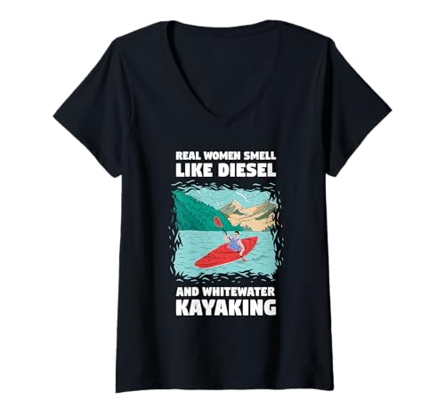 Damen Echte Frauen riechen wie Diesel & Wildwasser-Kajakfahren T-Shirt mit V-Ausschnitt Damen Echte Frauen riechen wie Diesel & Wildwasser-Kajakfahren T-Shirt mit V-Ausschnitt von Kayak Whitewater Kayaking Present