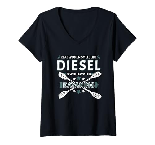 Damen Echte Frauen riechen wie Diesel & Wildwasser-Kajakfahren T-Shirt mit V-Ausschnitt Damen Echte Frauen riechen wie Diesel & Wildwasser-Kajakfahren T-Shirt mit V-Ausschnitt von Kayak Whitewater Kayaking Present