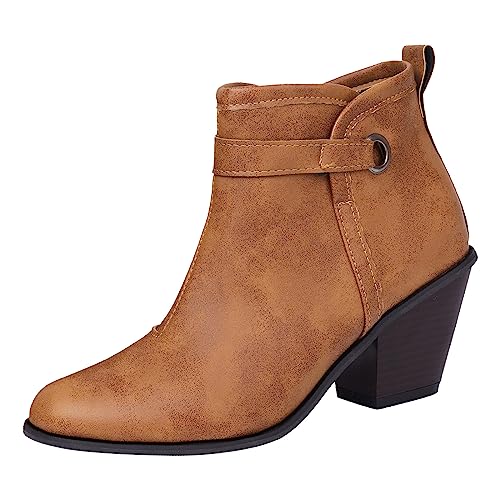 Kayferli 2023 Herbst und Winter Stiefeletten Damen Spitze Bequem Westernstiefel Damen Kurze Damen Boots Dick Heel Stiefel Damen Warme Mode Winterstiefel Damen (Yellow, 39) von Kayferli