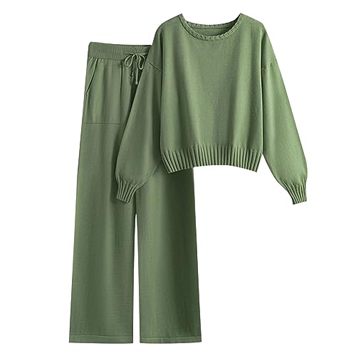 Kayferli Jogginganzug Damen Set Mode Temperament Lose Beiläufige Breite Bein Hosen Gestrickte Pullover Zwei Stück Anzug Set Trainingsanzug Damen (Green, One Size) von Kayferli