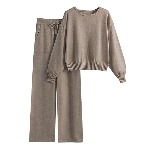 Kayferli Jogginganzug Damen Set Mode Temperament Lose Beiläufige Breite Bein Hosen Gestrickte Pullover Zwei Stück Anzug Set Trainingsanzug Damen (Khaki, One Size) von Kayferli