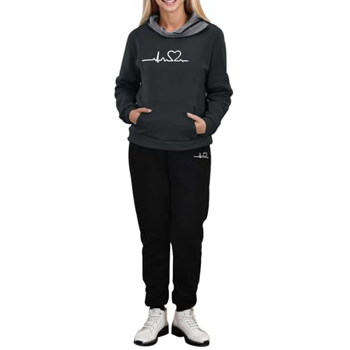 Kayferli Zweiteiler Damen Set Heartbeat Print Hoodie Sweatshirt Trainingsanzug Hoodie Damen Set (Black, L) von Kayferli