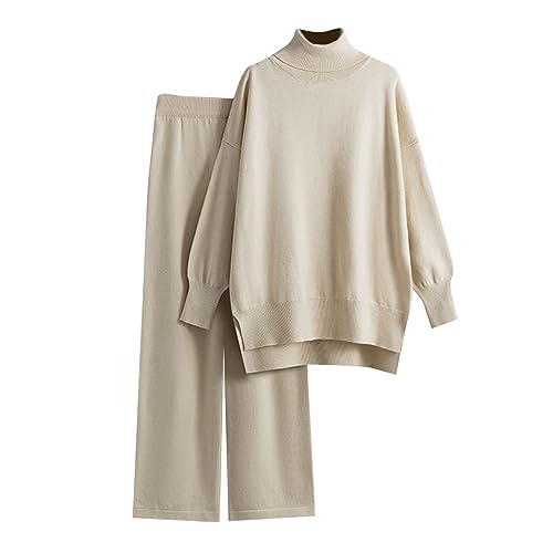 Zweiteiler Damen Winter Mode Temperament Lose Beiläufige High Neck Pullover Breite Bein Hosen Gestrickte Pullover Zwei Stück Anzug Set Hausanzug Damen Kuschelig (Beige, One Size) von Kayferli
