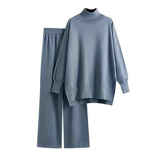 Zweiteiler Damen Winter Mode Temperament Lose Beiläufige High Neck Pullover Breite Bein Hosen Gestrickte Pullover Zwei Stück Anzug Set Hausanzug Damen Kuschelig (Blue, One Size) von Kayferli