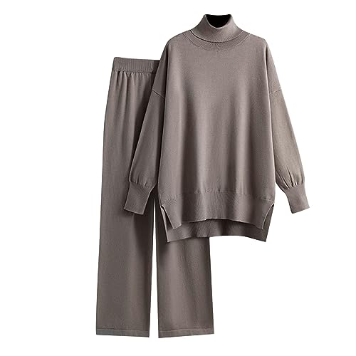 Zweiteiler Damen Winter Mode Temperament Lose Beiläufige High Neck Pullover Breite Bein Hosen Gestrickte Pullover Zwei Stück Anzug Set Hausanzug Damen Kuschelig (Coffee, One Size) von Kayferli