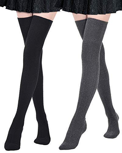 Kayhoma Extra lange Baumwolle Oberschenkelhohe Socken über dem Knie hohe Stiefel Strümpfe Baumwolle Beinwärmer, Schwarz & Dunkelgrau, Einheitsgröße von Kayhoma