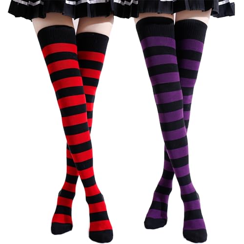 Kayhoma Extra lange Socken aus Baumwolle, gestreift, Overknee-Socken, Rot/Schwarz & Lila/Schwarz, Medium von Kayhoma