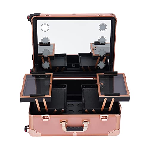 22 Inch Kosmetikkoffer Trolley Schminkkoffer 3 Ebenen Versehen, Makeup Trolley Case mit Rollen, Mobile Kosmetik mit Spiegel und 8 LED-Lampen, Schminkkoffer Profi mit Verstellbare Beine (Rose Gold) von Kazafa