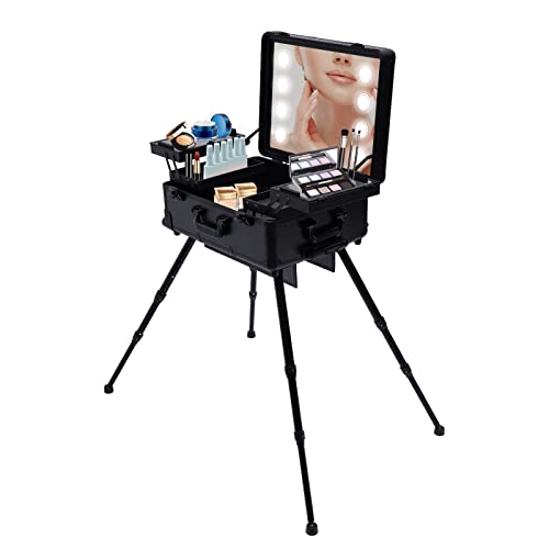 22 Inch Kosmetikkoffer Trolley Schminkkoffer 3 Ebenen Versehen, Makeup Trolley Case mit Rollen, Mobile Kosmetik mit Spiegel und 8 LED-Lampen, Schminkkoffer Profi mit Verstellbare Beine (Schwarz) von Kazafa