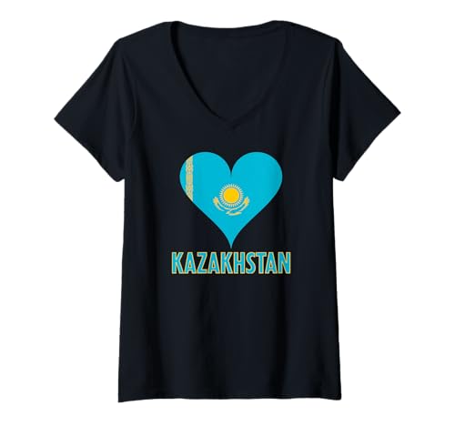 Damen Kasachische Flagge von Kasachstan Männer Frauen Kinder Herz T-Shirt mit V-Ausschnitt Damen Kasachische Flagge von Kasachstan Männer Frauen Kinder Herz T-Shirt mit V-Ausschnitt von Kazakhstan Flag Asia Heritage Clothing & Gifts