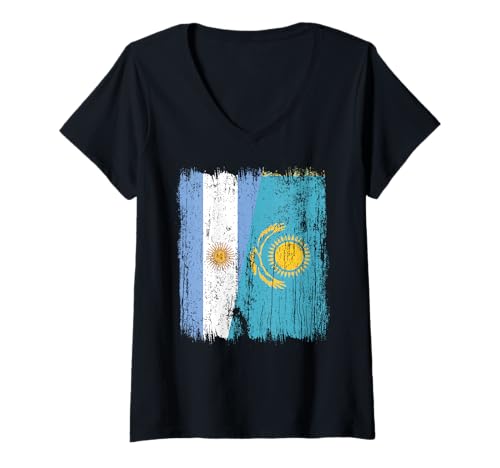 Damen Argentinien Kasachstan Halbflagge Argentinien Kasachstan Trikot T-Shirt mit V-Ausschnitt Damen Argentinien Kasachstan Halbflagge Argentinien Kasachstan Trikot T-Shirt mit V-Ausschnitt von Kazakhstan Flag Designs Proud Kazakh Roots