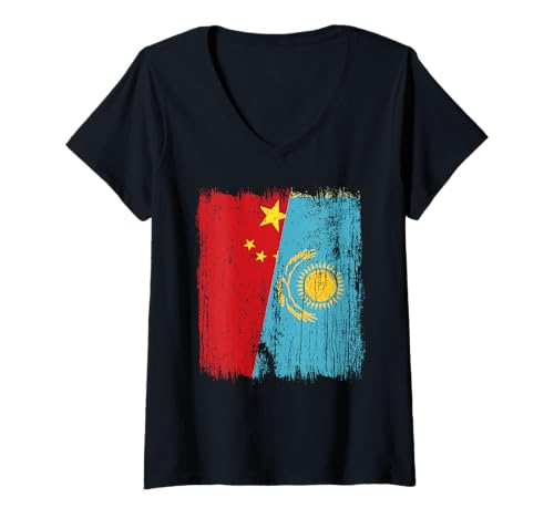 Damen China Kasachstan Halbflagge Chinesisches Kasachstan Trikot T-Shirt mit V-Ausschnitt von Kazakhstan Flag Designs Proud Kazakh Roots