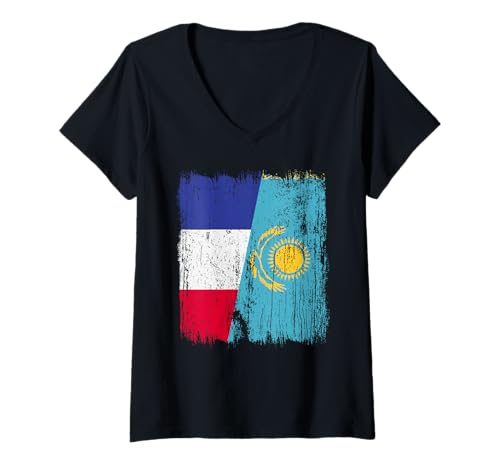 Damen Frankreich Kasachstan Halbflagge Französisch Kasachstan Trikot T-Shirt mit V-Ausschnitt Damen Frankreich Kasachstan Halbflagge Französisch Kasachstan Trikot T-Shirt mit V-Ausschnitt von Kazakhstan Flag Designs Proud Kazakh Roots