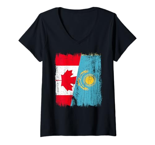 Damen Kanada Kasachstan Halbflagge Kanadisches Kasachstan Trikot T-Shirt mit V-Ausschnitt Damen Kanada Kasachstan Halbflagge Kanadisches Kasachstan Trikot T-Shirt mit V-Ausschnitt von Kazakhstan Flag Designs Proud Kazakh Roots