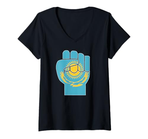 Damen Kasachstan Flagge erhöhte Faust Kasachstan Pride Bekleidung T-Shirt mit V-Ausschnitt Damen Kasachstan Flagge erhöhte Faust Kasachstan Pride Bekleidung T-Shirt mit V-Ausschnitt von Kazakhstan Flag Designs Proud Kazakh Roots