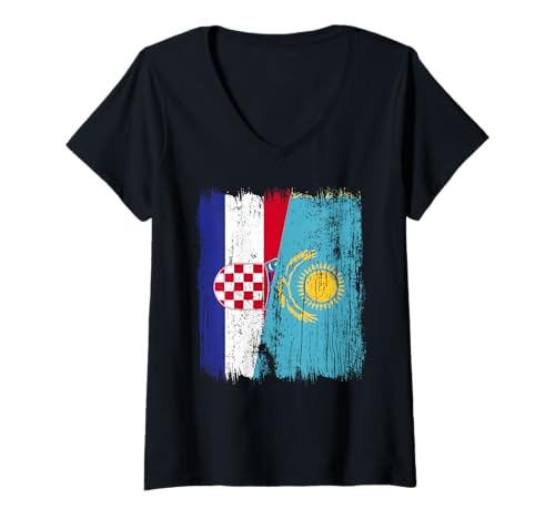 Damen Kroatien Kasachstan Halbflagge Kroatisch Kasachstan Trikot T-Shirt mit V-Ausschnitt Damen Kroatien Kasachstan Halbflagge Kroatisch Kasachstan Trikot T-Shirt mit V-Ausschnitt von Kazakhstan Flag Designs Proud Kazakh Roots