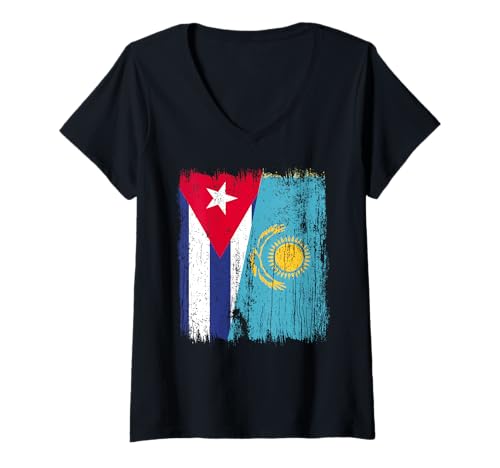 Damen Kuba Kasachstan Halbflagge kubanisches kasachisches Trikot T-Shirt mit V-Ausschnitt Damen Kuba Kasachstan Halbflagge kubanisches kasachisches Trikot T-Shirt mit V-Ausschnitt von Kazakhstan Flag Designs Proud Kazakh Roots