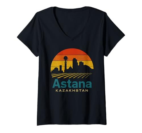 Damen Retro Astana Kasachstan Design kasachische Hauptstadt T-Shirt mit V-Ausschnitt Damen Retro Astana Kasachstan Design kasachische Hauptstadt T-Shirt mit V-Ausschnitt von Kazakhstan Flag Designs Proud Kazakh Roots