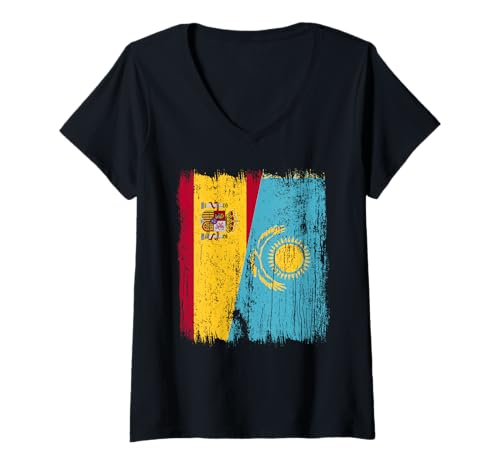 Damen Spanien Kasachstan Halbflagge Spanisch Kasachstan Trikot T-Shirt mit V-Ausschnitt Damen Spanien Kasachstan Halbflagge Spanisch Kasachstan Trikot T-Shirt mit V-Ausschnitt von Kazakhstan Flag Designs Proud Kazakh Roots