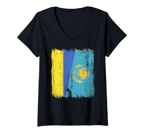 Damen Ukraine Kasachstan Halbflagge Ukrainisch Kasachstan Trikot T-Shirt mit V-Ausschnitt von Kazakhstan Flag Designs Proud Kazakh Roots