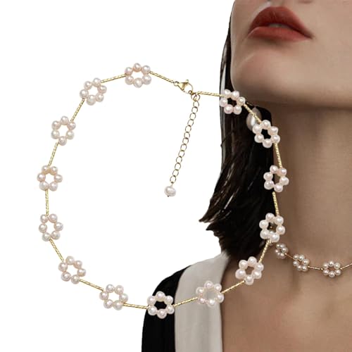 Kazuko Perlenblumen-Halsband, Perlenblumen-Halskette,Perlenkette | Zierliche einzelne Perlenkette, einfache Perlenhalsketten, trendiger Halskettenschmuck für Frauen und Mädchen von Kazuko