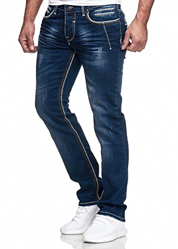 Kc-1981 Herren Jeans Hose Washed Straight Cut Regular Stretch Blau W32 L32 von Kc-1981