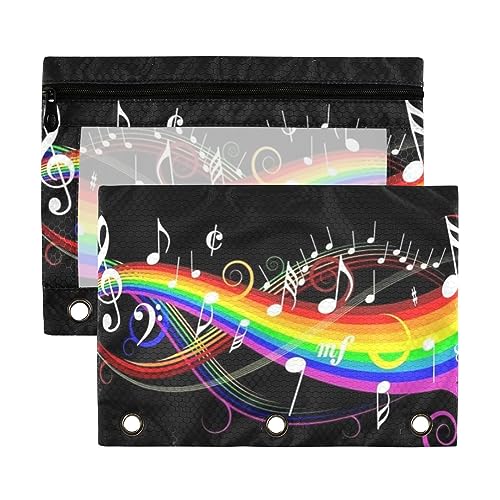 Kcldeci 2 Stück Federmäppchen für 3-Ringbinder, Musiknoten, Regenbogen-Binder, Federmäppchen, Bleistiftbeutel, Großpackung für Zuhause, Büro, Schulbedarf, Mehrfarbig, 9.8*7*0.1inch/ 25*18*0.5cm von Kcldeci