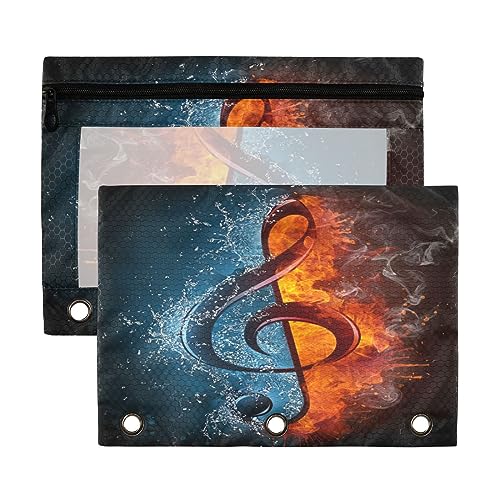 Kcldeci 2 Stück Federmäppchen für 3-Ringbinder, Violinschlüssel in Feuer und Wasser, Bindermäppchen, Federmäppchen, Federmäppchen für Zuhause, Büro, Schulbedarf, Mehrfarbig, 9.8*7*0.1inch/ 25*18*0.5cm von Kcldeci