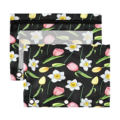 Kcldeci 2 Stück Federmäppchen für 3-Ringbuch, Blumen, Frühling, Tulpen, Narzissen, Gänseblümchen, Binder, Federmäppchen, Bleistiftbeutel, Großpackung für Zuhause, Büro, Schulbedarf, Mehrfarbig, von Kcldeci