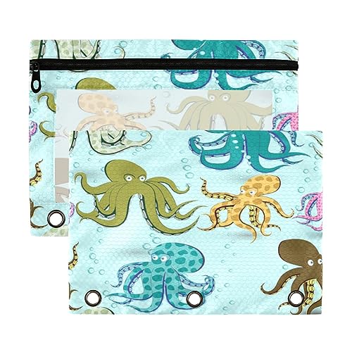 Kcldeci 2 Stück Federmäppchen für 3-Ringordner, Octopuses Ozeanisches Tier-Bindemittel, Federmäppchen, Bleistiftbeutel, Großpackung für Zuhause, Büro, Schulbedarf, Mehrfarbig, 9.8*7*0.1inch/ von Kcldeci