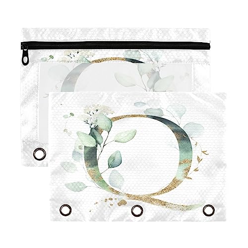 Kcldeci 2 Stück Federmäppchen für 3-Ringordner, goldfarbenes florales Alphabet – Buchstabe Q Binder Federmäppchen Federmäppchen Beutel Bulk für Zuhause, Büro, Schulbedarf, Mehrfarbig, 9.8*7*0.1inch/ von Kcldeci