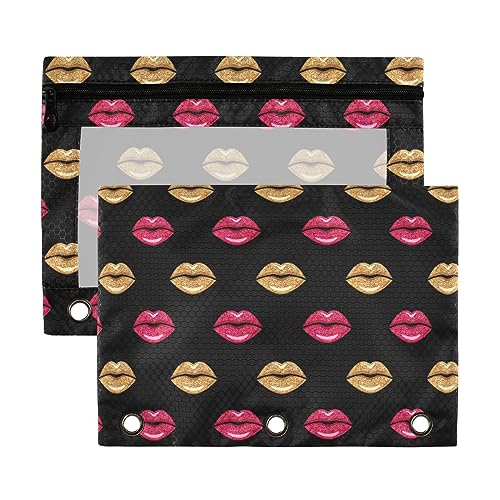 Kcldeci 2 Stück Federmäppchen für 3-Ringordner, rosa und gold schimmernder Lippenstift-Binder, Federmäppchen, Bleistiftbeutel, Großpackung für Zuhause, Büro, Schulbedarf, Mehrfarbig, 9.8*7*0.1inch/ von Kcldeci