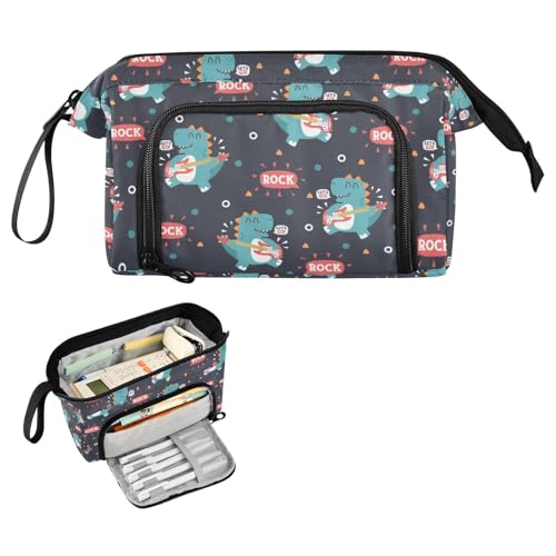 Kcldeci Dinosaurier-Gitarren-Cartoon-Federmäppchen für Jungen und Mädchen, großes Federmäppchen mit Reißverschluss, Teenager, große Aufbewahrungs-Bleistiftbox für Schule, Büro, Mehrfarbig, 9.4*3.7 von Kcldeci