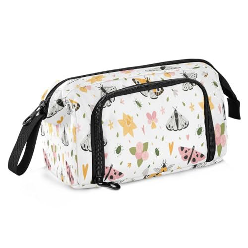 Kcldeci Federmäppchen, Blume, Schmetterlinge und Käfer, Federmäppchen, Organizer, Schreibwarentasche mit Griff für Büro, Organizer, ästhetische Federmäppchen, Mehrfarbig, 9.4*3.7*5.9in von Kcldeci